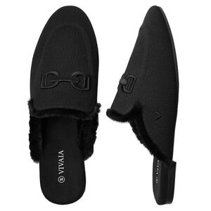 Vivaia‎ Women's Black Knit Faux Fur Trim Slip-On Mules Loafers Black Size 39